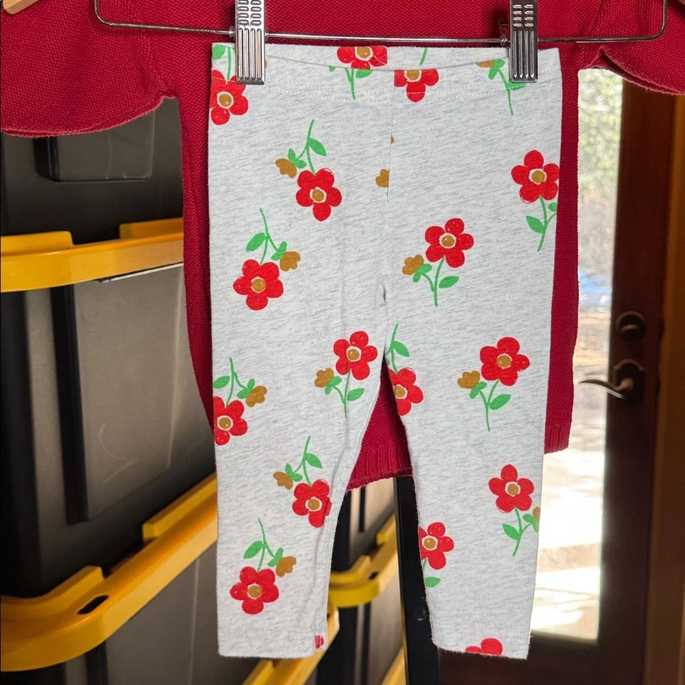 Old Navy Red Cable Knit Sweater & Carter’s Floral Leggings Set 18 Mths (12–18M)
